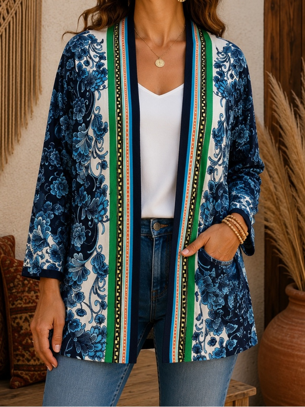 Chico's The Perfect Layer Cardigan in a blue and green floral print large
